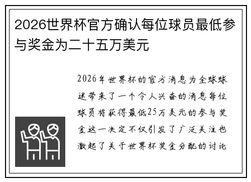 2026世界杯官方确认每位球员最低参与奖金为二十五万美元