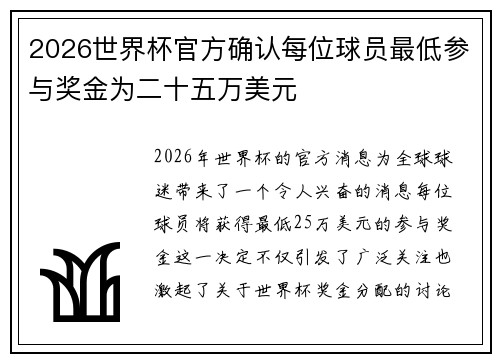 2026世界杯官方确认每位球员最低参与奖金为二十五万美元 2026世界杯官方确认每位球员最低参与奖金为二十五万美元