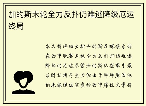 加的斯末轮全力反扑仍难逃降级厄运终局